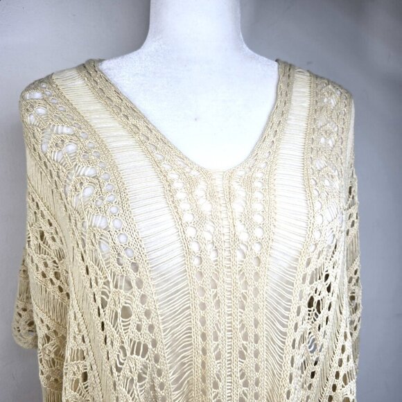 Women's Boho Canary Yellow Crochet Open Knit V Nech Poncho Swim Beach Cover - Picture 6 of 11